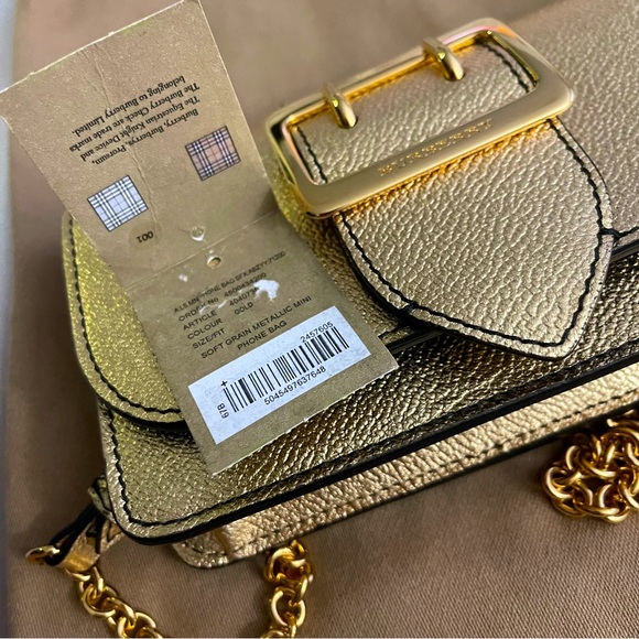 BURBERRY- Metallic Soft Grain Calfskin Mini Phone Buckle Bag Gold - Pre- Owned - Picture 8 of 11